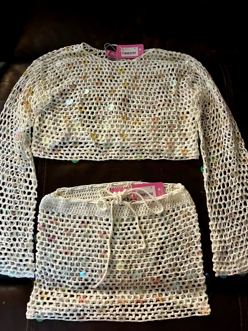 BNWT Edikted White Crochet Two-Piece Coverup Set with Holographic Sequins!